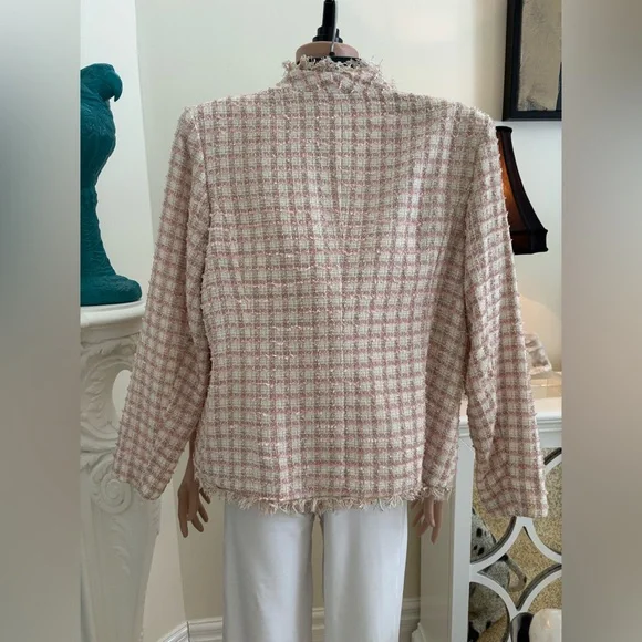 Pink & Cream Tweed Frayed-Trim Blazer Jacket - Picture 7 of 13
